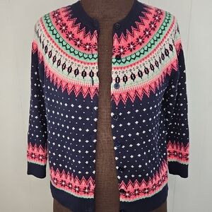 Talbots Woman Petites 1Xp Fair Isle Cardigan Navy Blue Pink green NBW